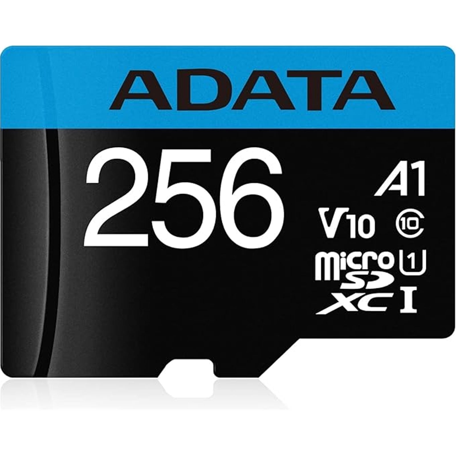 Black ADATA Premier 256GB microSDXC UHS-I memory card with blue label and A1 performance class. Black ADATA Premier 256GB microSDXC UHS-I memory card with blue label and A1 performance class.